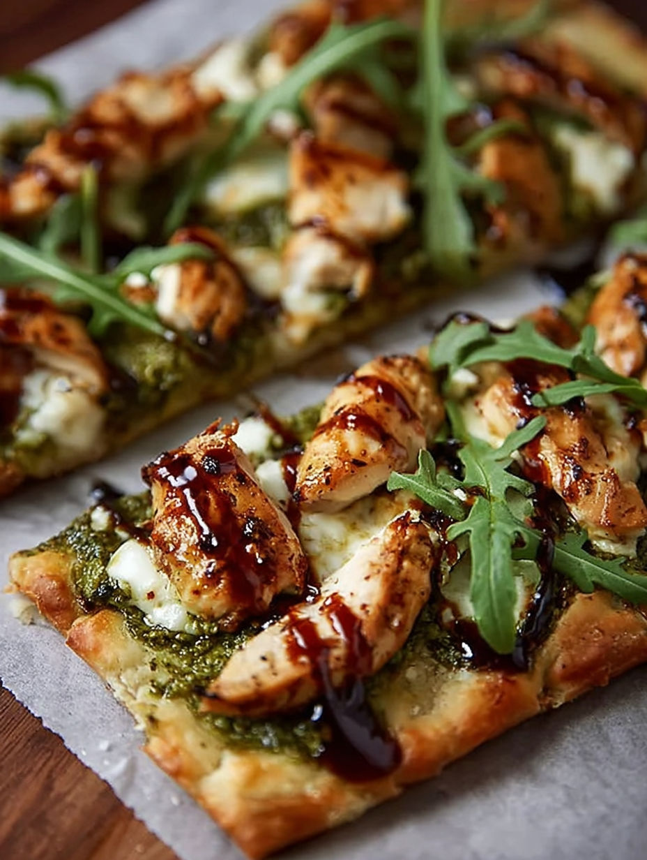 Pesto Huhn Fladen mit Käse und Sauce.