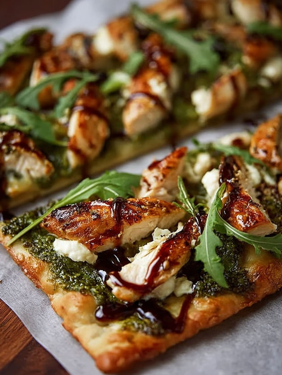 Ein Pesto-Hähnchen-Fladenbrot mit Blättern und Soße.