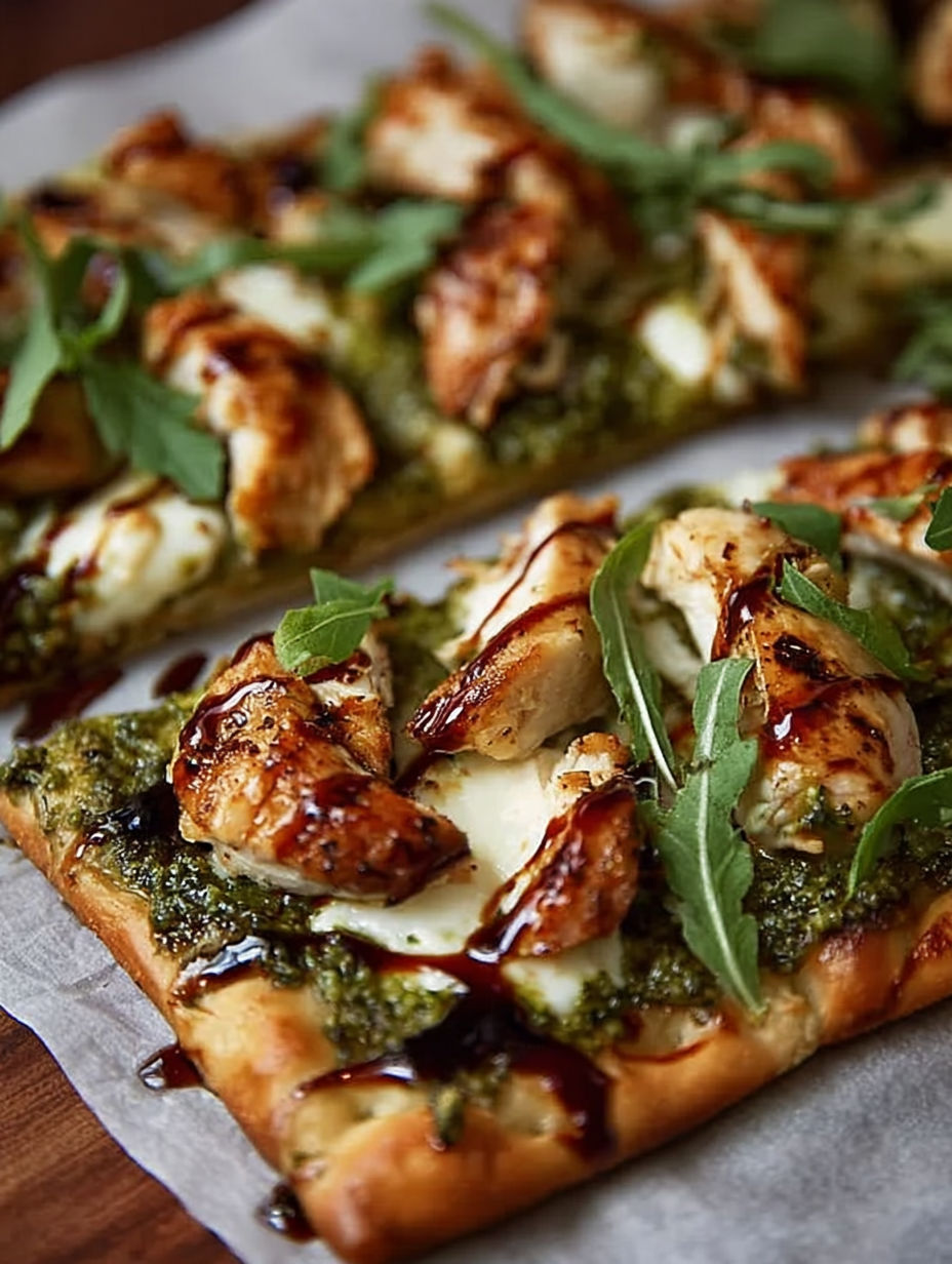Ein Pesto-Hähnchen-Fladenbrot mit Blättern und Soße.