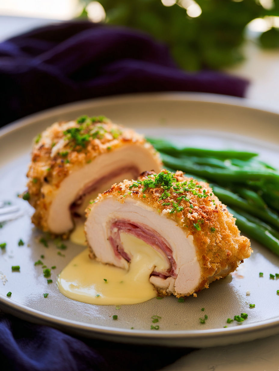 Ein Teller Chicken Cordon Bleu mit grünen Gemüse.