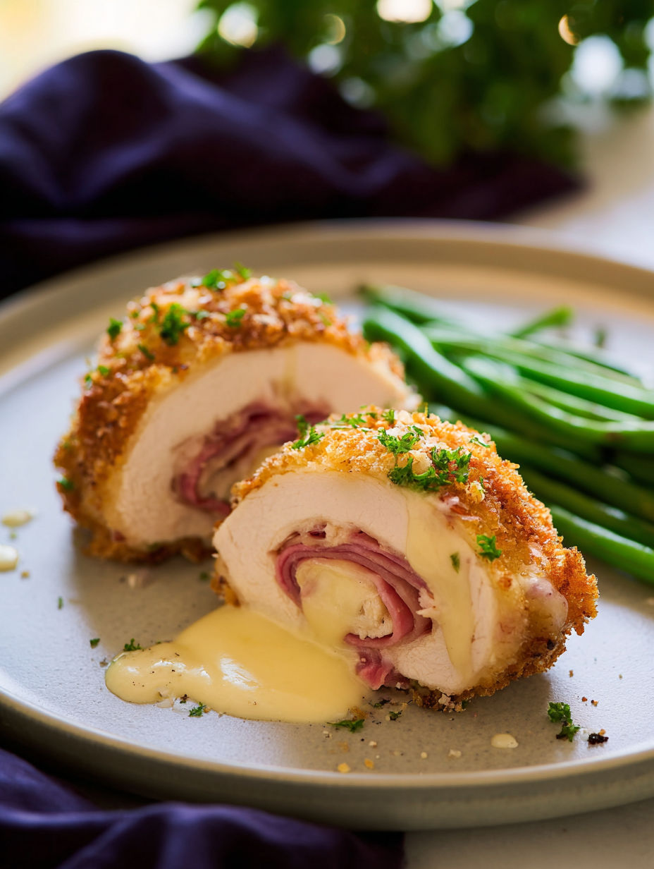 Ein Teller Chicken Cordon Bleu mit Käse und Soße.