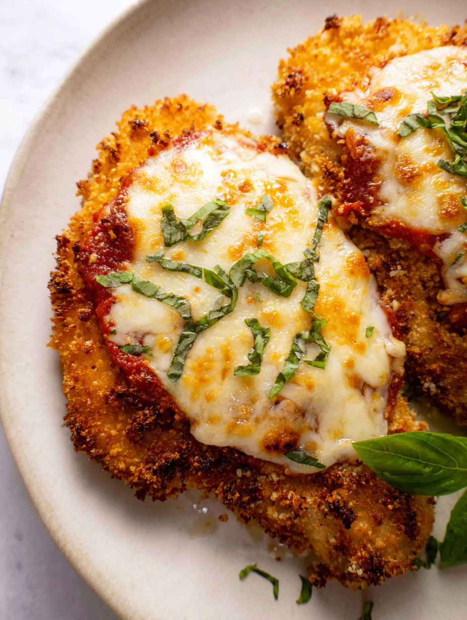 Ein Stück Huhn mit Käse und Kräutern drauf.