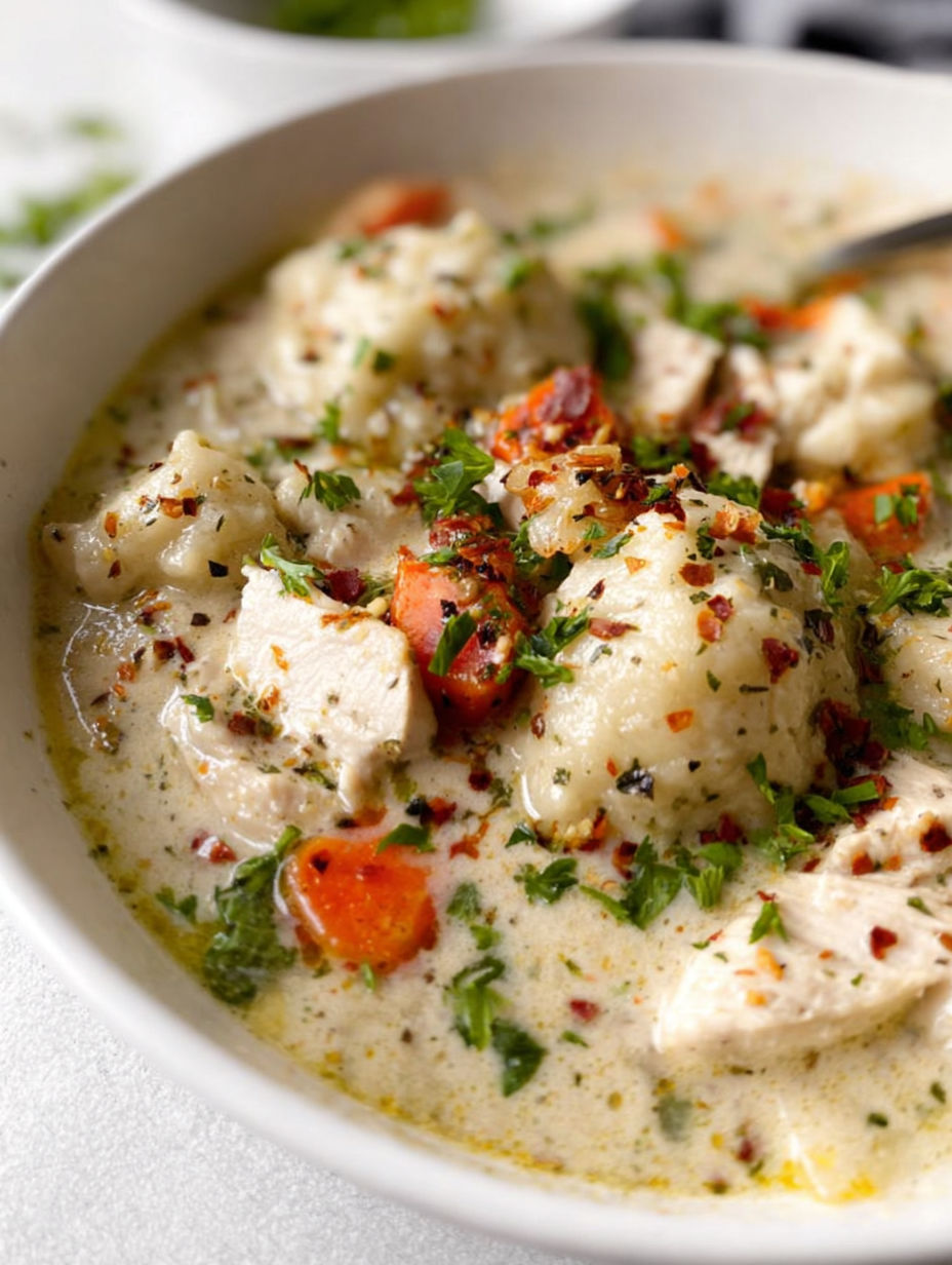 Eine Schüssel mit Hähnchen und Knödeln.