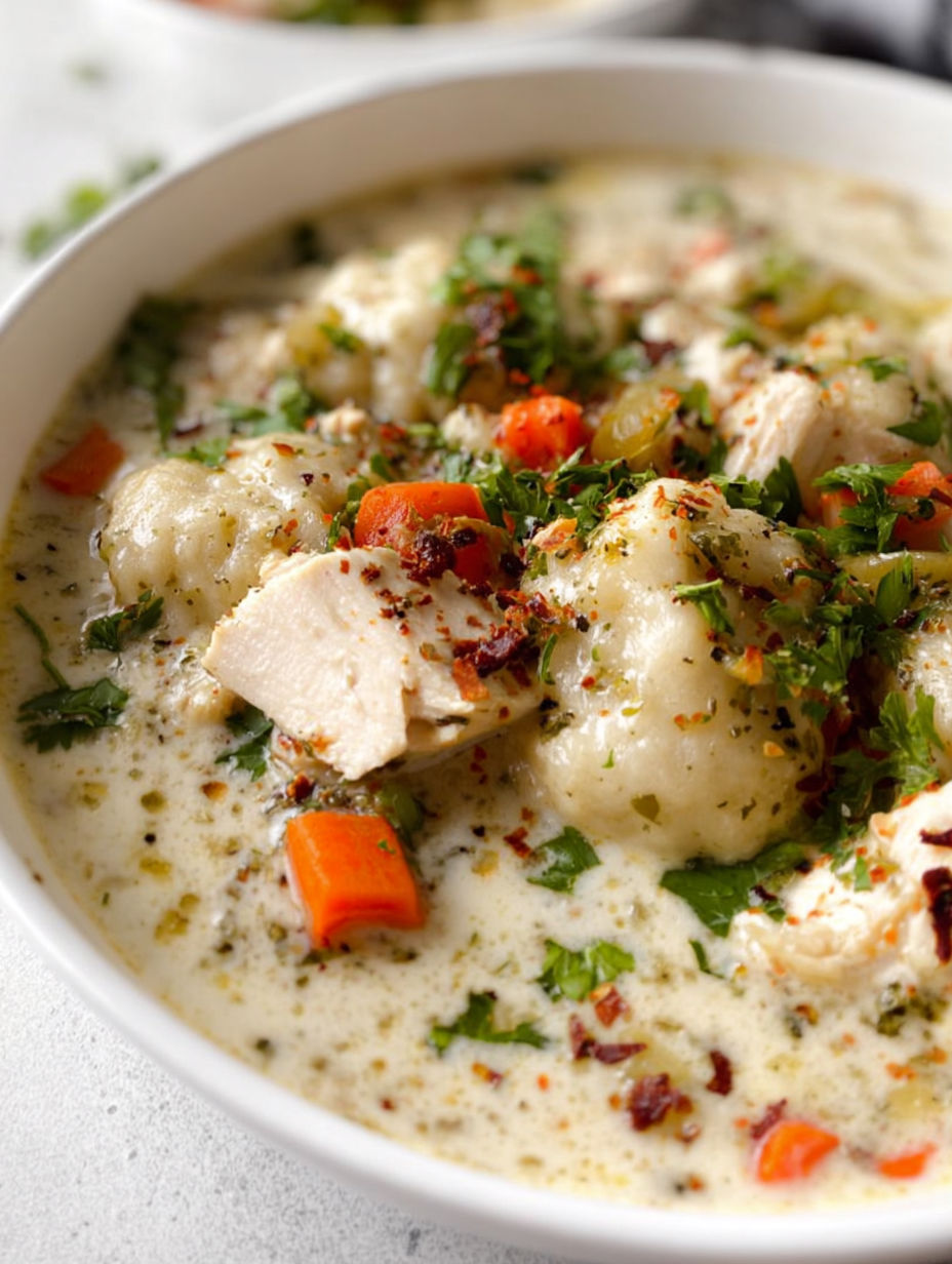 Eine Schüssel mit Hähnchen und Klößen.