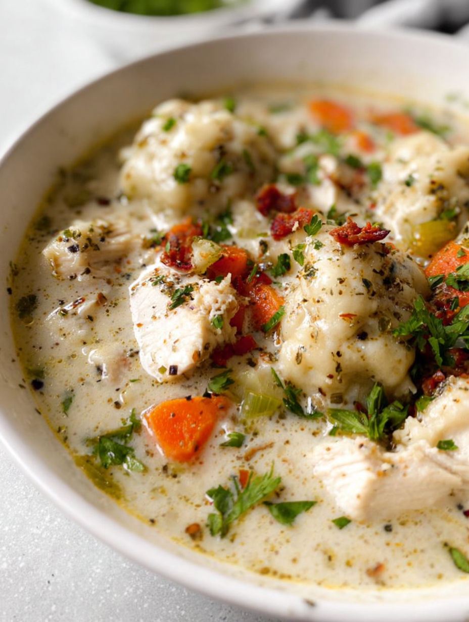 Eine Schüssel mit Hähnchen und Klößen.