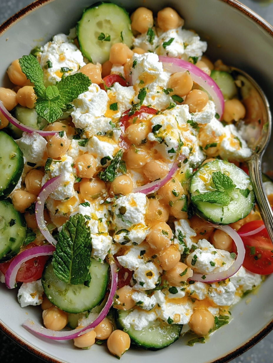 Schüssel mit Hüttenkäse und Kichererbsen Salat.