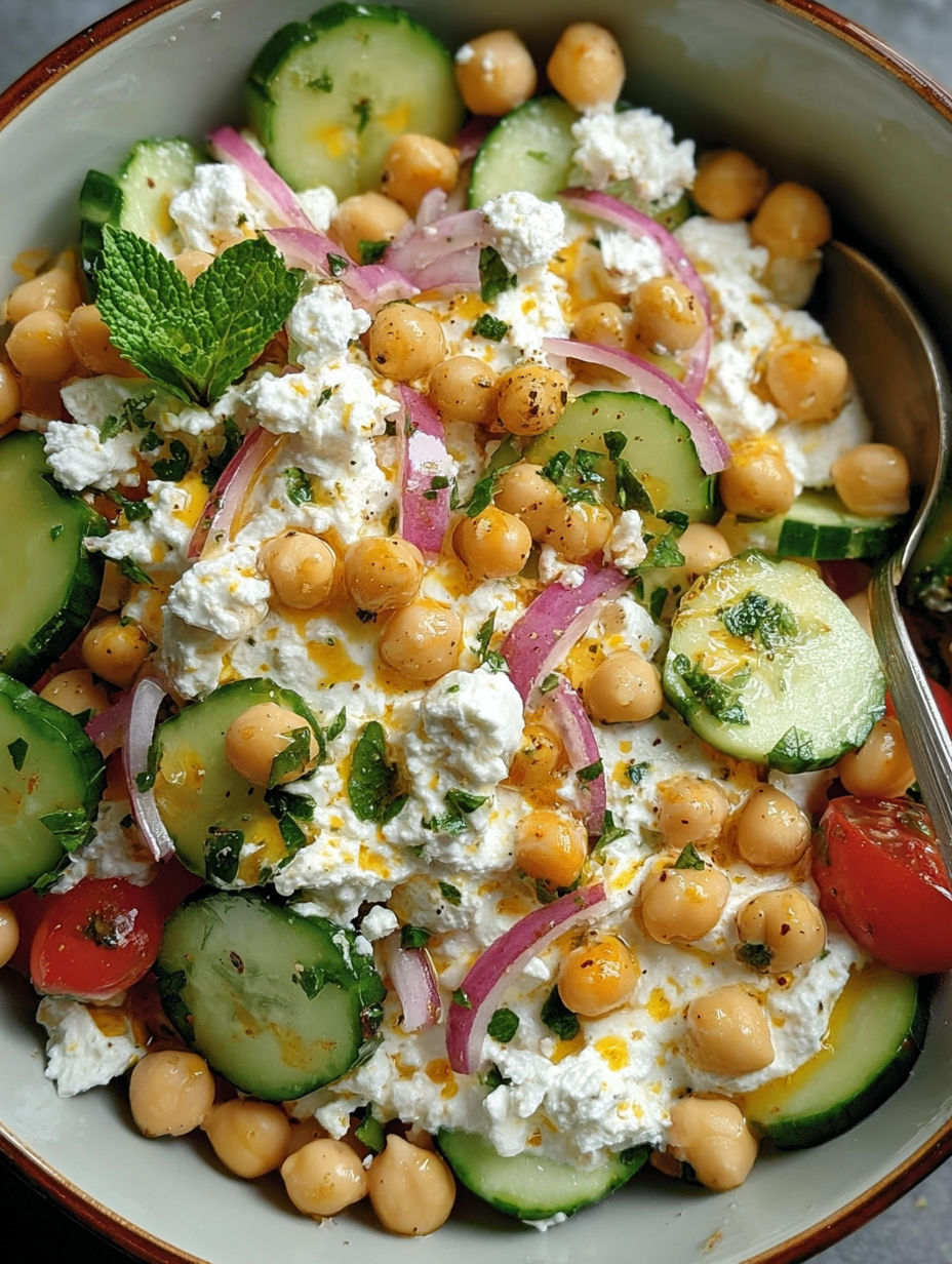 Salat mit Kichererbsen, Gurken, Tomaten und Feta.