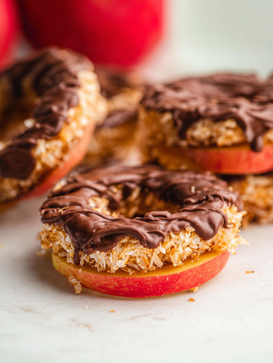 Nahaufnahme eines Schoko-Apfel-Snacks.