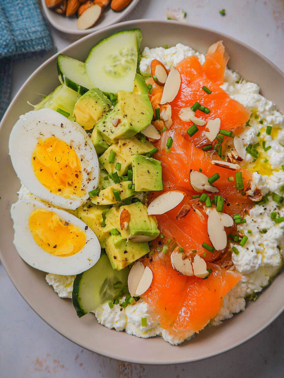 Schale mit Ei, Avocado und Lachs.