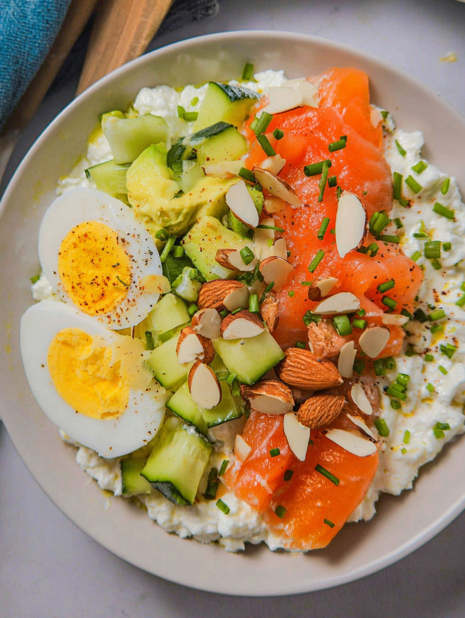 Ein Teller mit Eiern, Gurken und Lachs.