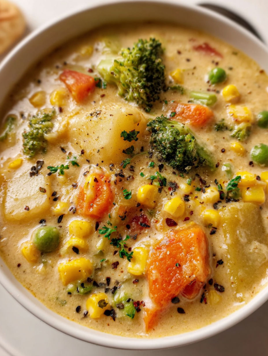 Eine Schüssel Suppe mit Brokkoli und Möhren.