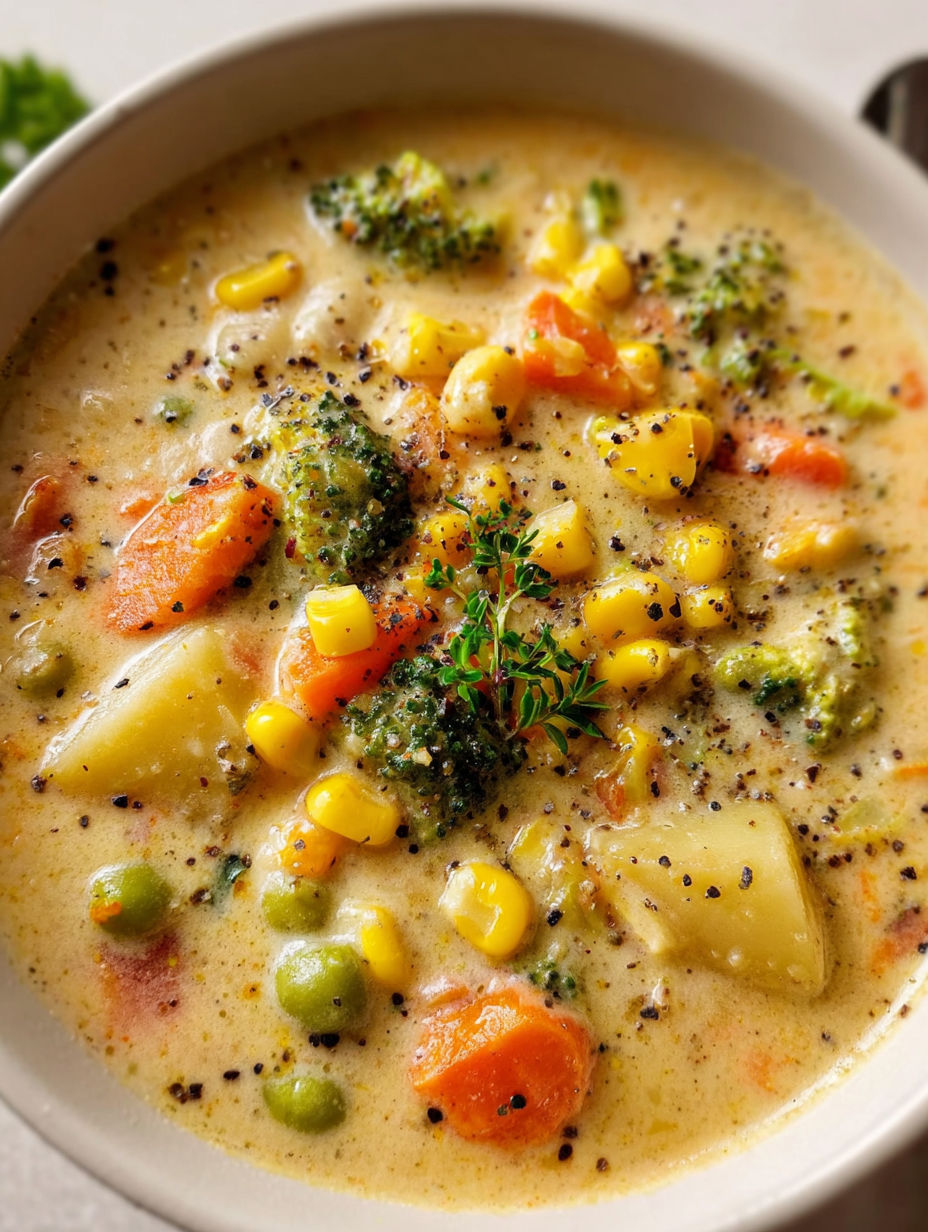 Eine Schüssel Suppe mit Brokkoli und Mais.