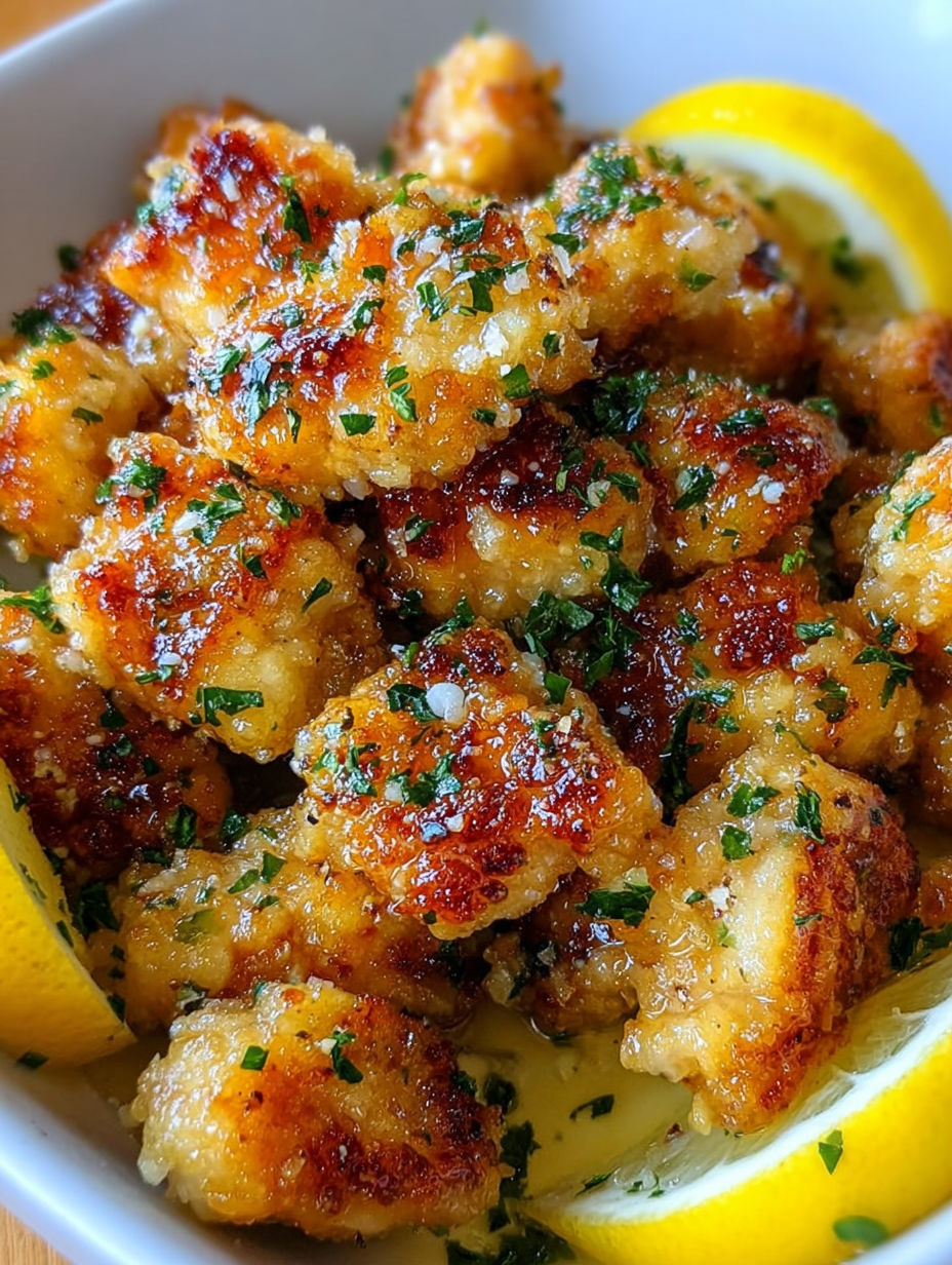 Eine Schüssel mit gebratenem Hähnchen und Zitronenspalten oben drauf.