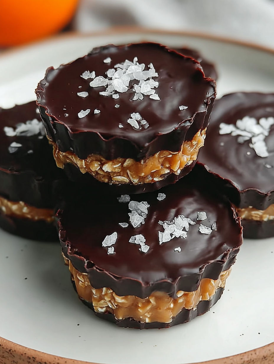 Drei dunkle Schokobecher mit Haferflocken und Salz bestreut.