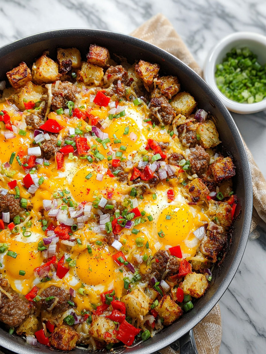 Ein herzhafter Breakfast Hash mit Eiern, Kartoffeln und Paprika.