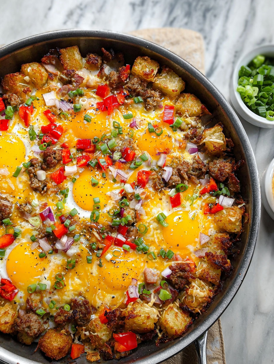 Ein reichhaltiges Frühstück mit Eiern, Kartoffeln und Paprika.