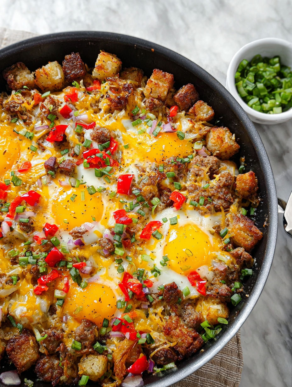 Reichhaltiges Frühstück mit Eiern, Paprika und Kartoffeln.