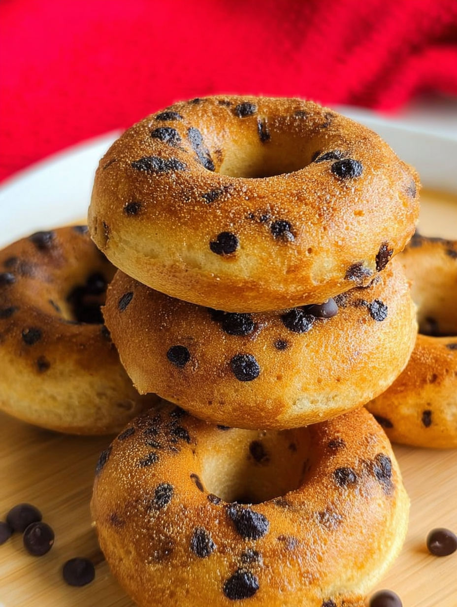 Schoko-Pancake-Donuts auf einem Teller gestapelt.