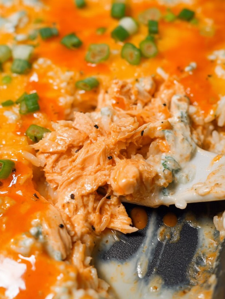 Eine Gabel steckt in einem cremigen Buffalo-Hähnchen-Reisauflauf.