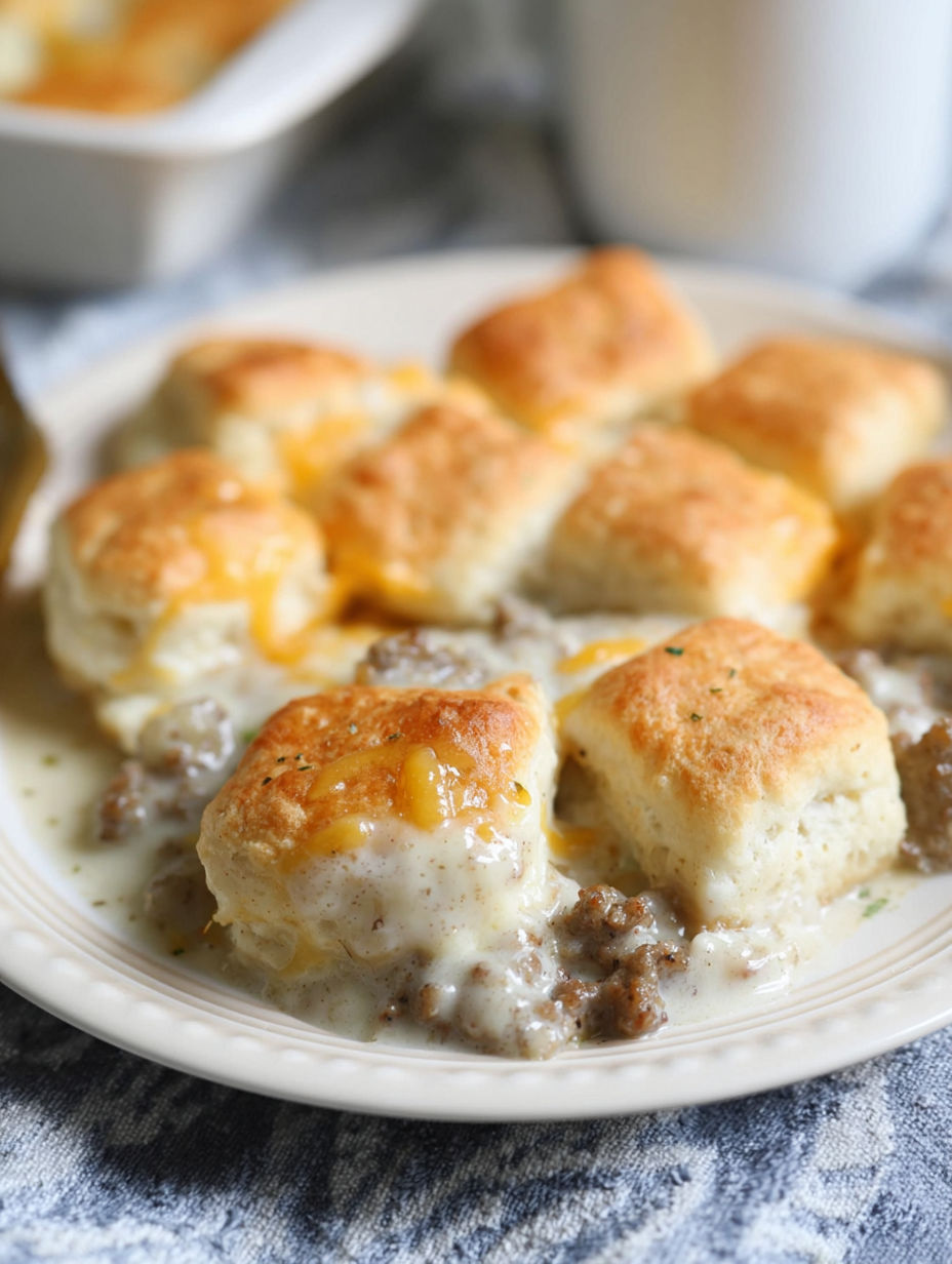Ein Teller mit Brötchen und Soßenauflauf.