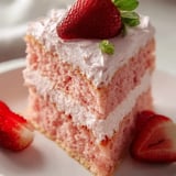 Ein Stück rosa Kuchen mit Erdbeeren obendrauf.