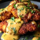Ein Teller mit Hähnchen und Sauce.
