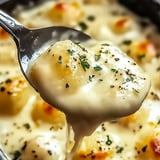 Ein Löffel schöpft Käse aus einer Schüssel.