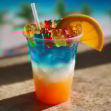 Orangenscheibe schwimmt in fruchtigem Becher.
