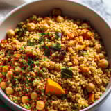 Eine Schale voll mit lockerem Couscous, Gemüse und Kichererbsen.