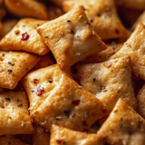 Ein Stapel Käse- und Peperoni-Cracker.
