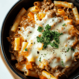 Eine Schüssel Pasta mit Fleisch und Käse.