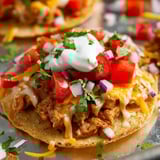 Ein Teller mit kleinen Tostadas und weißem Dip obendrauf.