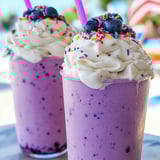 Zwei große Gläser voll mit Blaubeer-Shake und rosa Strohhalmen.