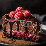 Ein Stück Schokokuchen mit Himbeeren oben drauf.