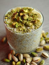 Ein Glas Pistazien Haferflocken mit Nüssen daneben.