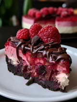 Ein Stück dunkler Schoko-Himbeer Kuchen.