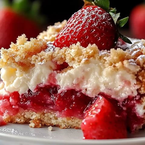 Ein Stück Kuchen mit Erdbeeren obendrauf.