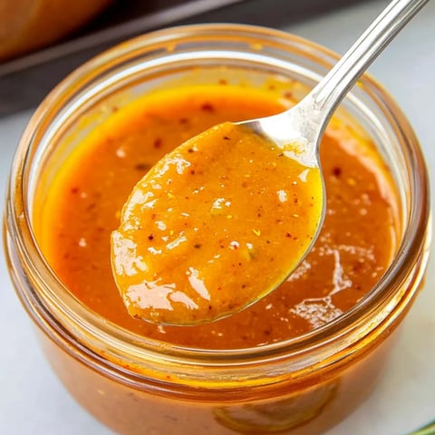 Knallgelbe Senfsoße im Glas mit Löffel.