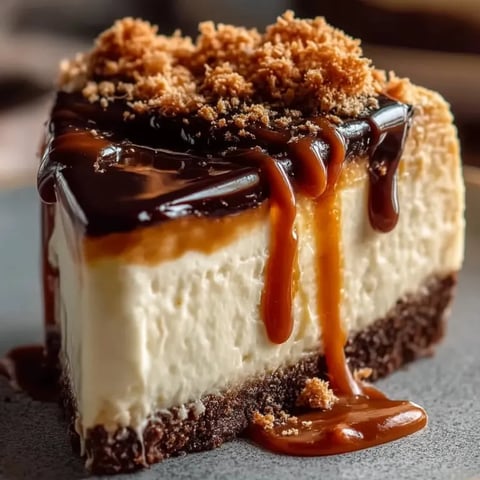 Ein Stück Kuchen, garniert mit Karamell oben drauf.