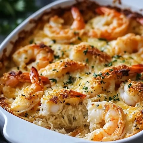 Eine weiße Schüssel mit Garnelen und Käse.