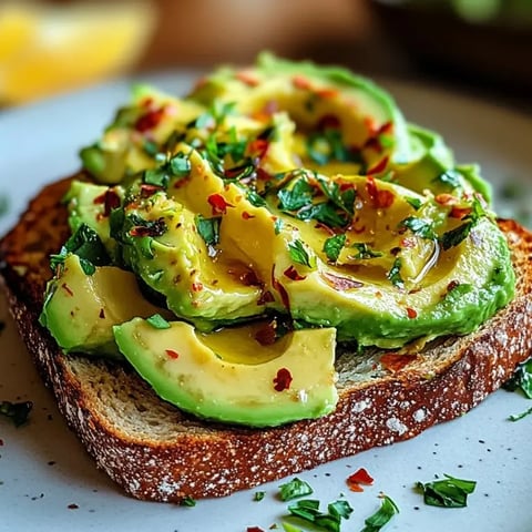 Eine Toastscheibe mit Avocado und rotem Pfeffer darauf.