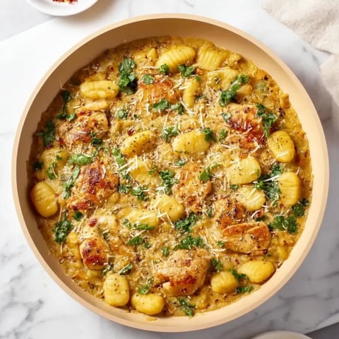 Eine Schüssel mit Hähnchen, Gnocchi und Gemüse.