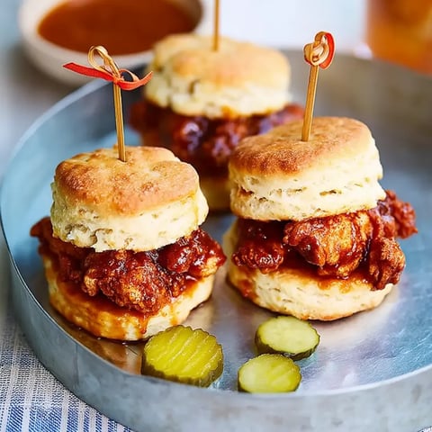 Zwei Hähnchenteile mit Essiggurken auf einer silbernen Platte.