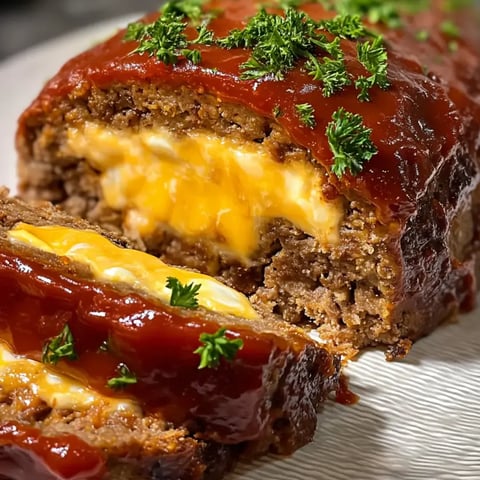 Ein Hackbratenstück mit Käse und Kräutern obendrauf.