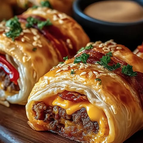 Ein Gebäck mit Käse und Bacon eingerollt.