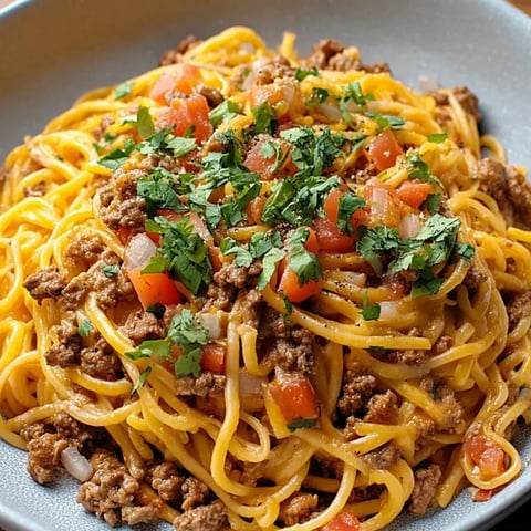 Eine Schüssel Spaghetti mit Hackfleisch und Tomaten.