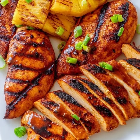 Ein Teller mit Hähnchen, Ananas und Frühlingszwiebeln.