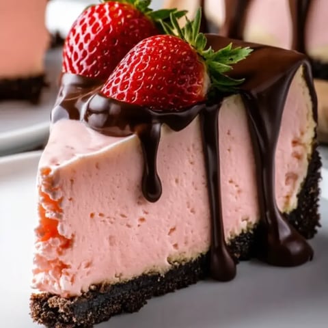 Ein Stück rosa Kuchen mit Schokoladenglasur.