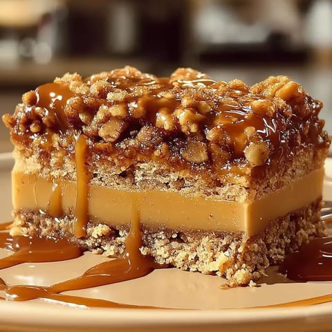 Ein Stück Caramel-Kuchen mit Nüssen.