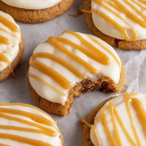 Ein Keks mit weißer Creme und Karamellstreifen.